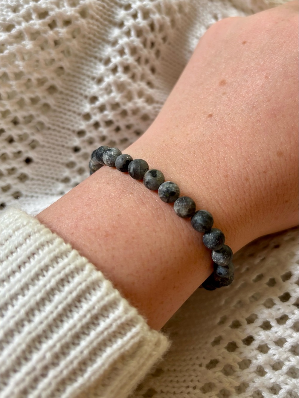 Labradorite Gemstone Stretch Bracelet Silver Gray Natural Stone Boho Jewelry